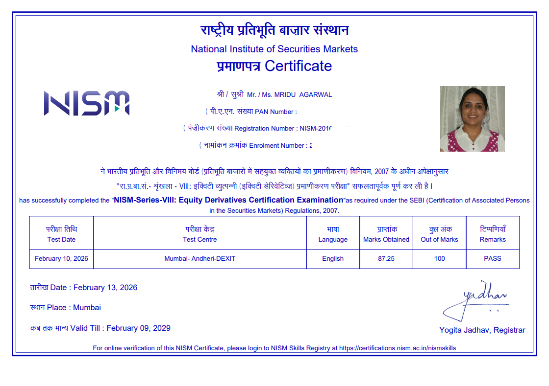 Mridu Agarwal NISM Exams Testimonial